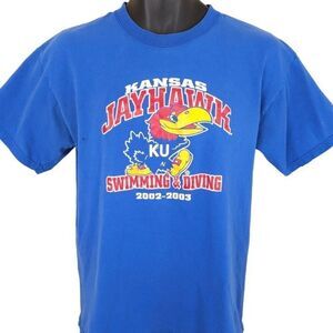 Vintage Kansas Jayhawks T Shirt Mens Size Medium Blue Y2K Swimming & Diving